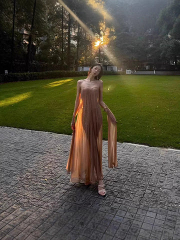 High-End Fluttering Ribbon Wiggle Mesh Patched Tset Dress Women's Holiday Birthday Party Evening Dress